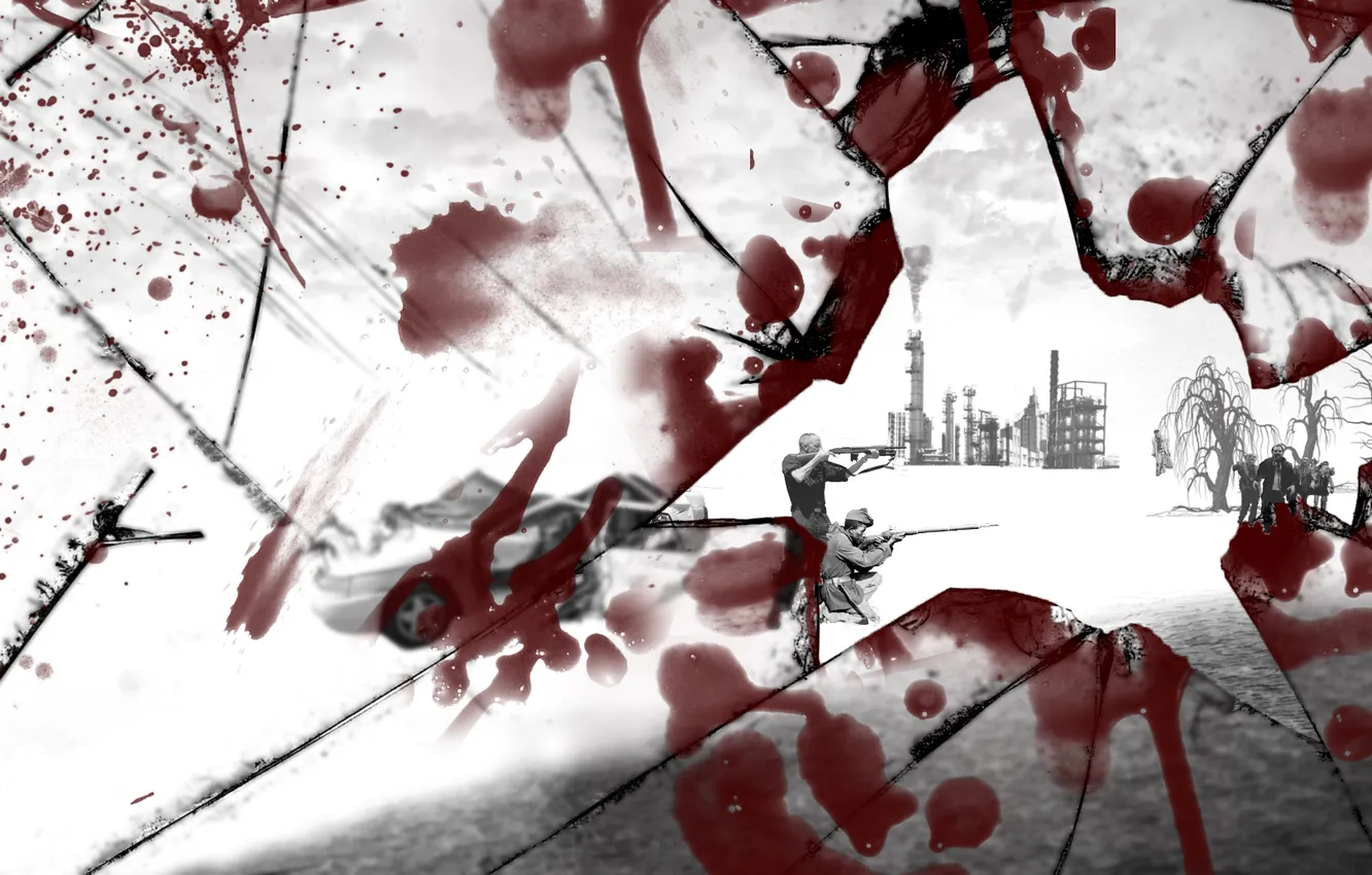 Photo wallpaper glass, weapons, blood, people, zombies, broken