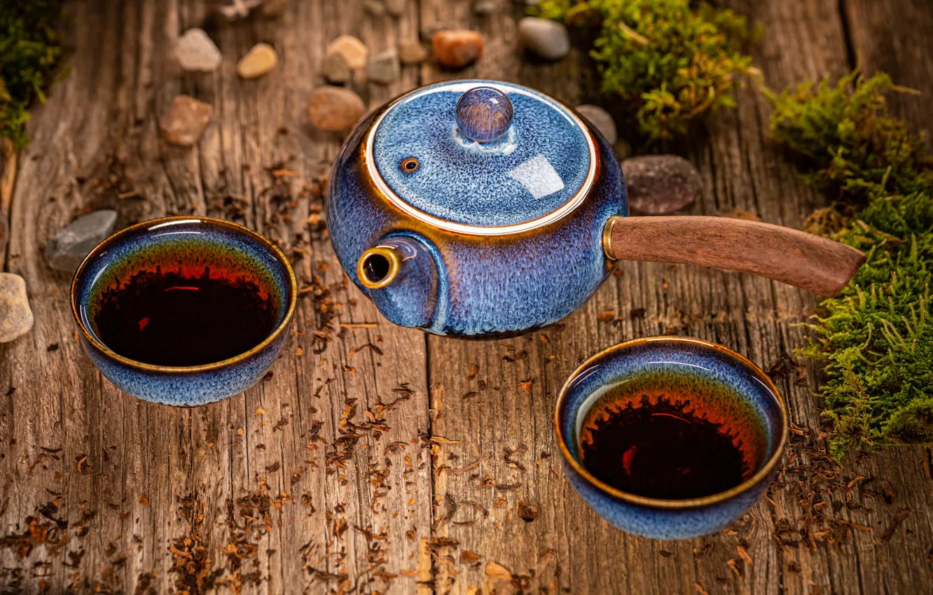 Photo wallpaper blue, stones, tea, Board, moss, kettle, the tea party, Cup