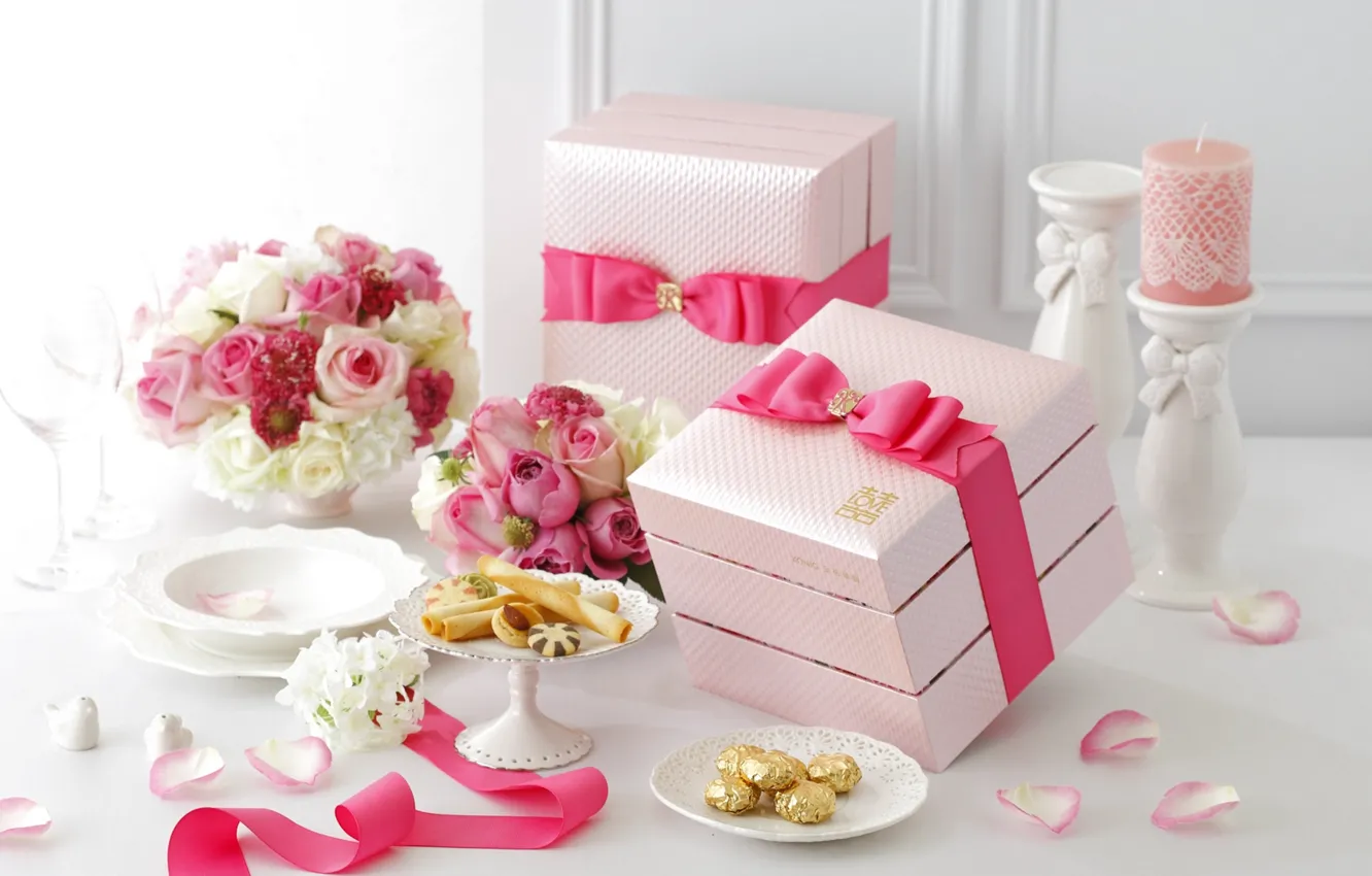 Photo wallpaper flowers, roses, candle, tape, cakes, box, wedding