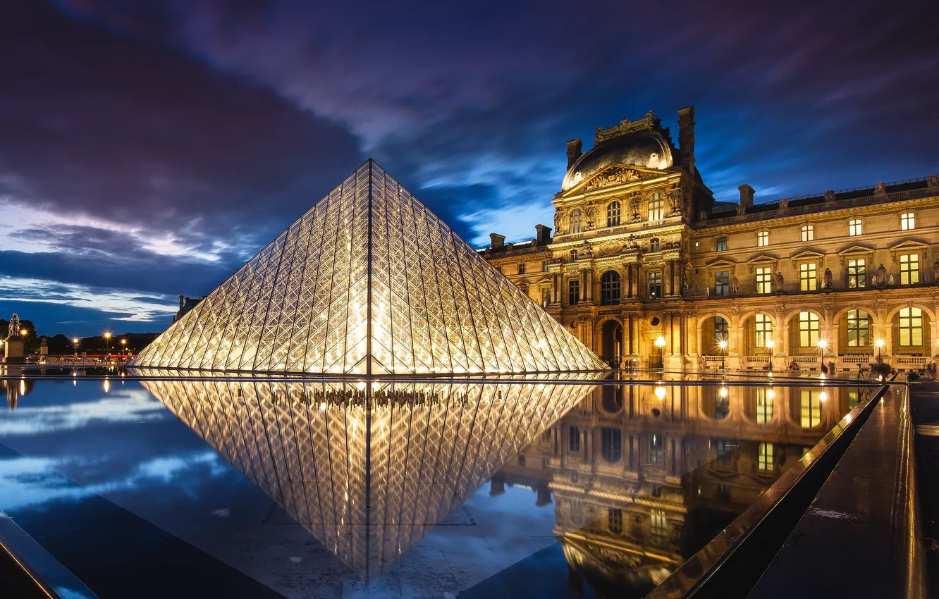 Photo wallpaper the sky, clouds, night, clouds, the city, lights, reflection, France