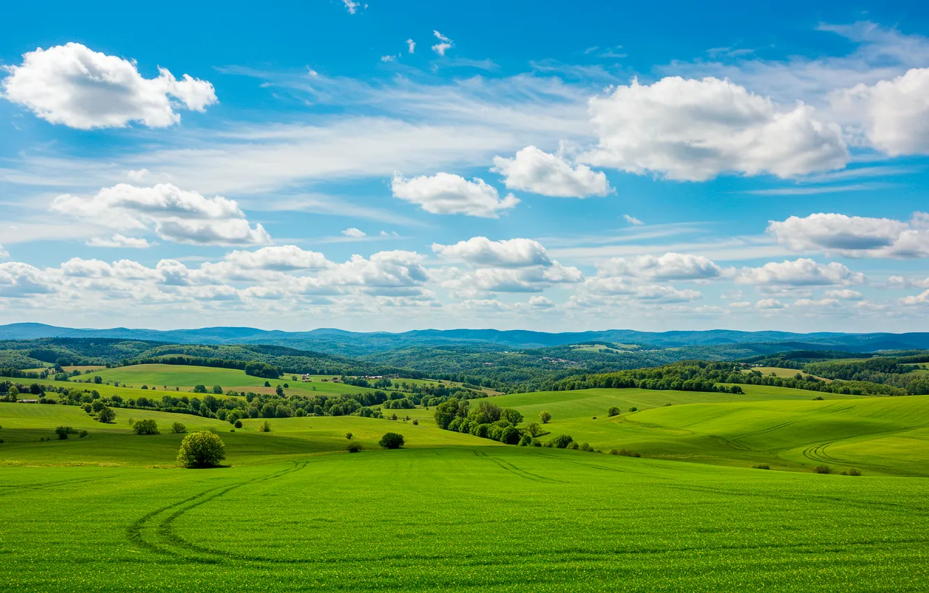 Photo wallpaper field, the sky, clouds, mountains, background, Wallpaper, wallpaper, sky