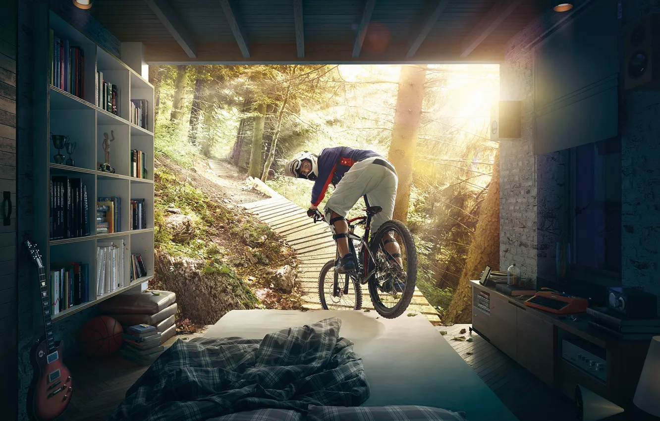 Photo wallpaper forest, bike, bed, the room, HAPPY SLEEP