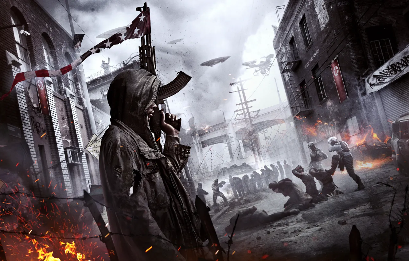 Photo wallpaper the sky, light, the city, lights, fog, weapons, flame, Apocalypse
