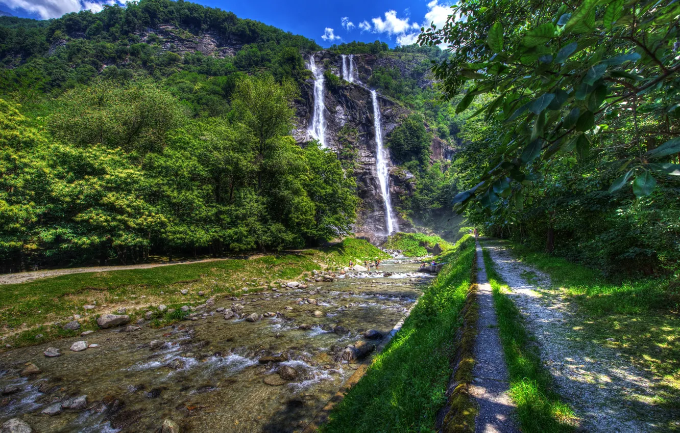 Photo wallpaper greens, summer, the sun, trees, rock, stones, waterfall, HDR