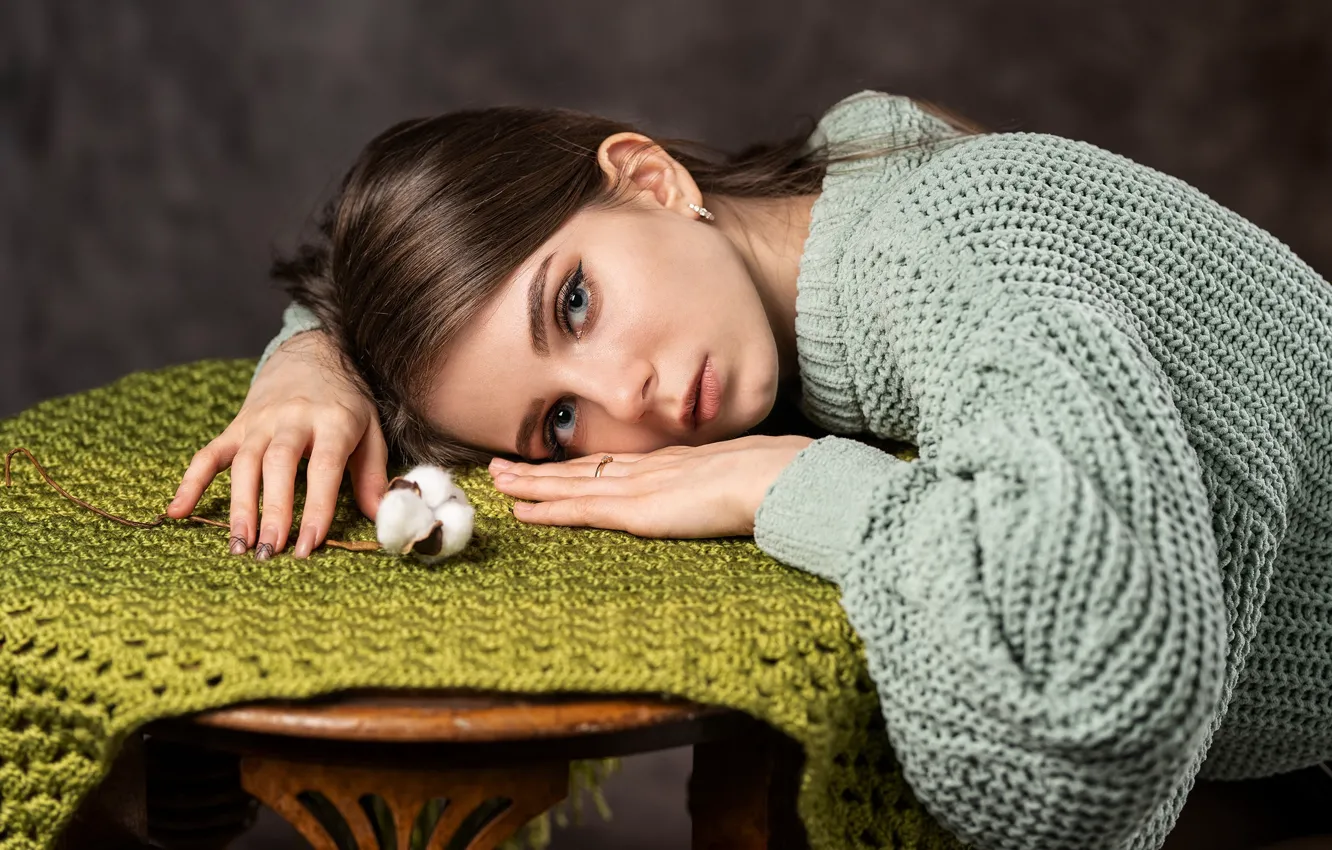 Photo wallpaper look, girl, face, pose, cotton, sweater, Evgenia Zvezdina, Ivan Yakovlev