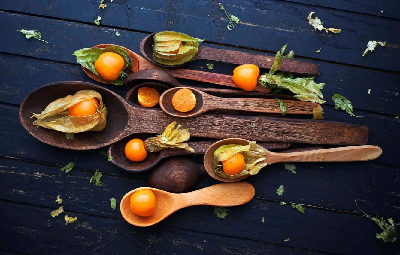 Photo wallpaper table, fruit, vegetables, spoon, Physalis