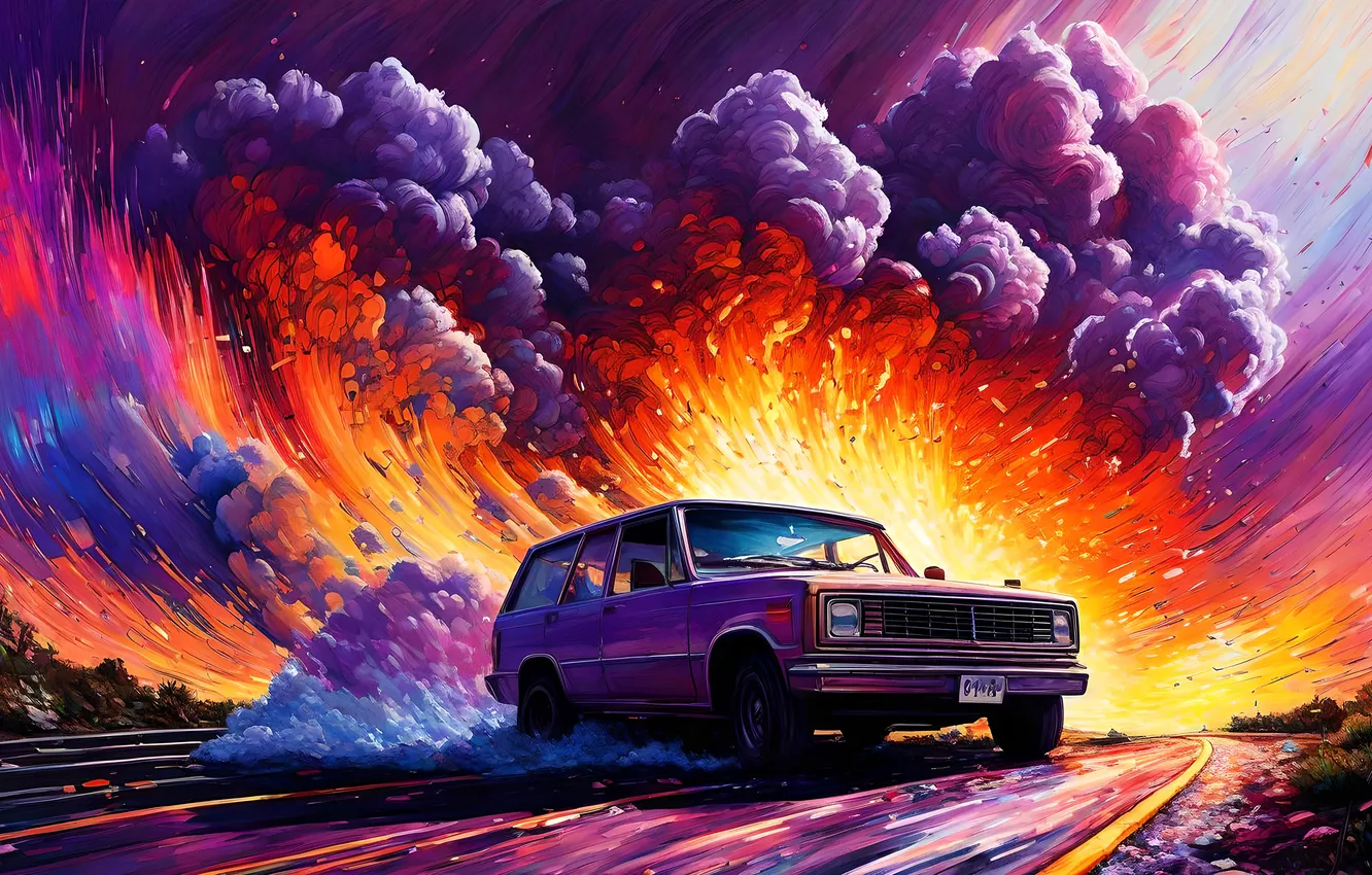 Photo wallpaper machine, smoke, SUV, colored smoke