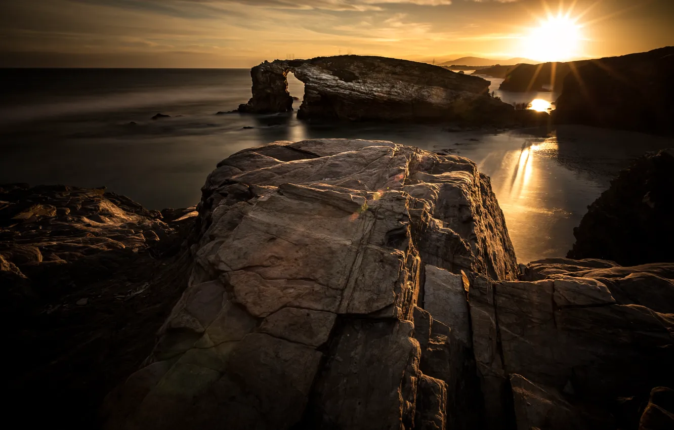 Photo wallpaper sea, the sky, the sun, clouds, rays, light, landscape, sunset