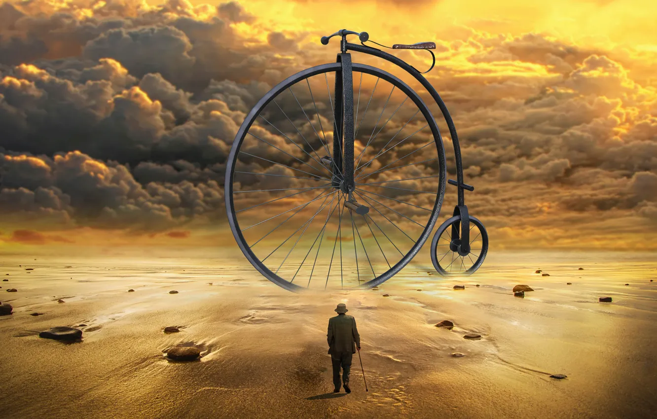 Photo wallpaper sand, sea, the sky, clouds, light, sunset, clouds, bike