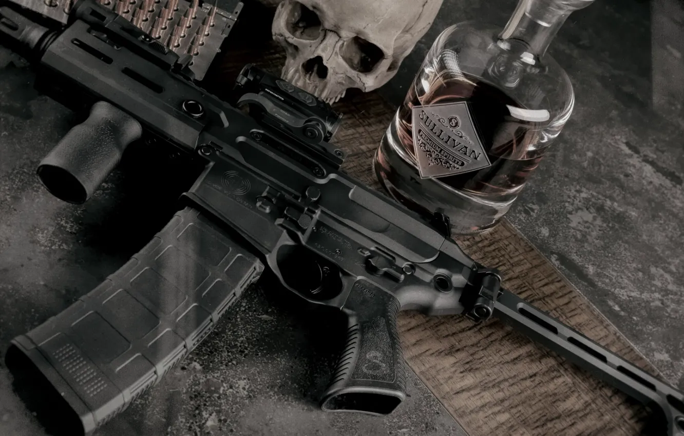 Photo wallpaper weapons, skull, bottle, sake, rifle, weapon, custom, M16