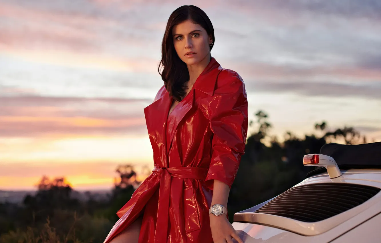 Photo wallpaper landscape, sunset, red, portrait, actress, brunette, car, cloak