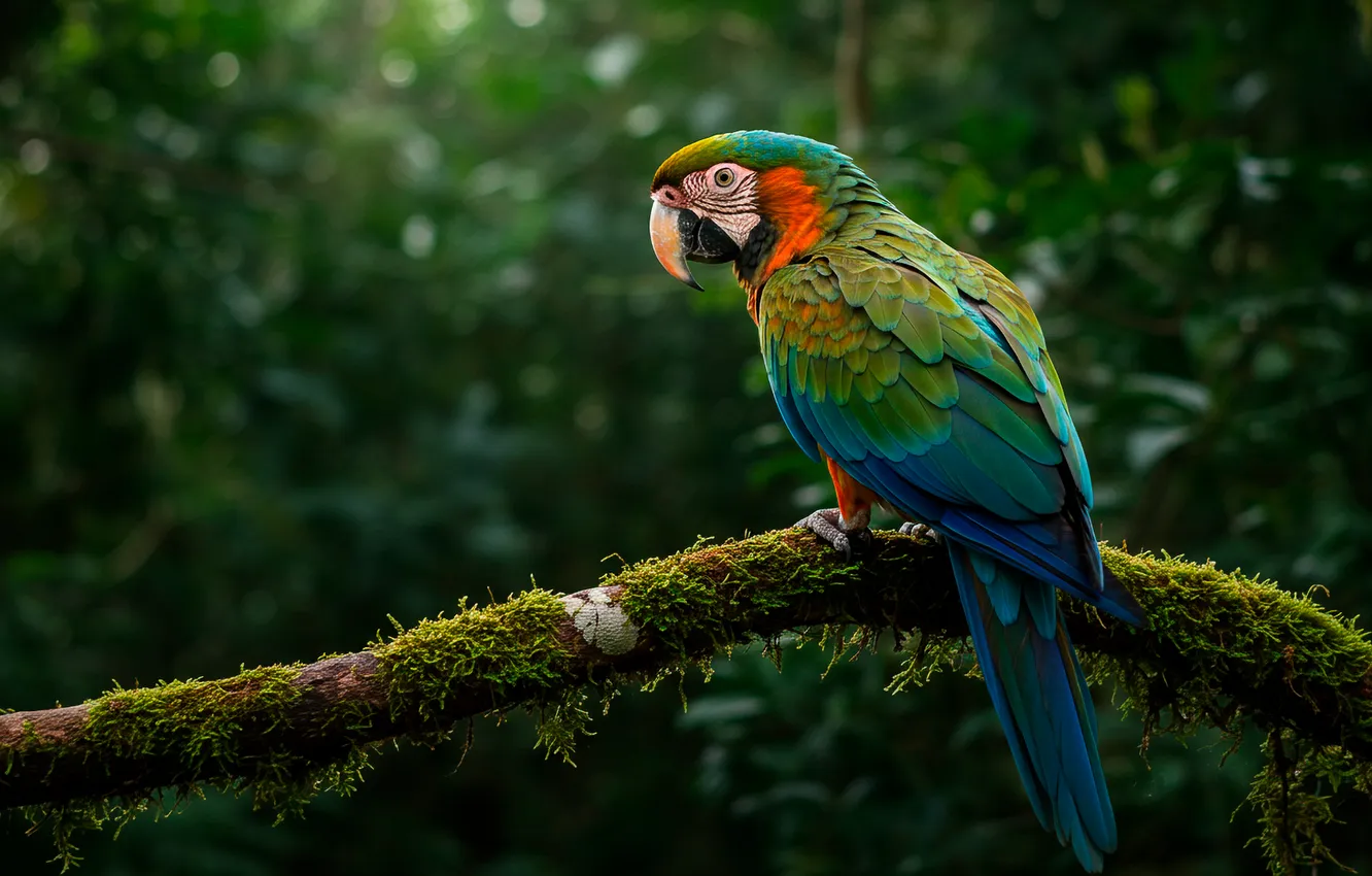 Photo wallpaper branches, tropics, Wallpaper, moss, jungle, art, parrot, wallpaper