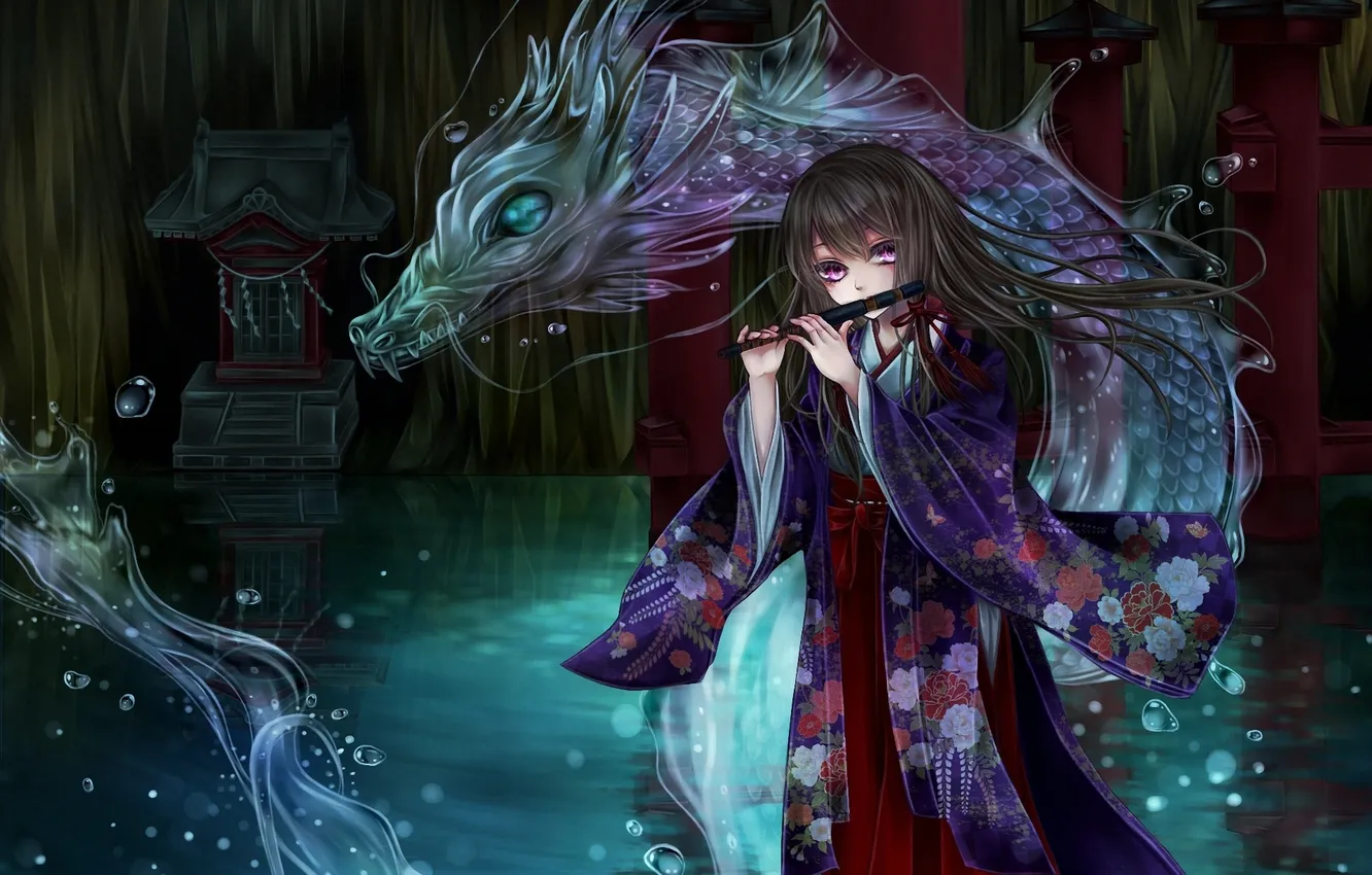 Photo wallpaper water, drops, dragon, art, girl, kimono, flute, shio