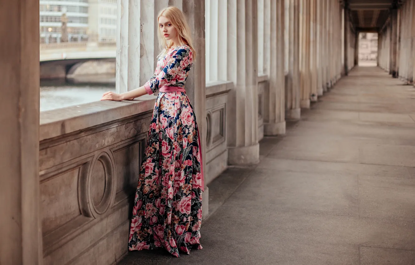 Photo wallpaper girl, dress, blonde, hall