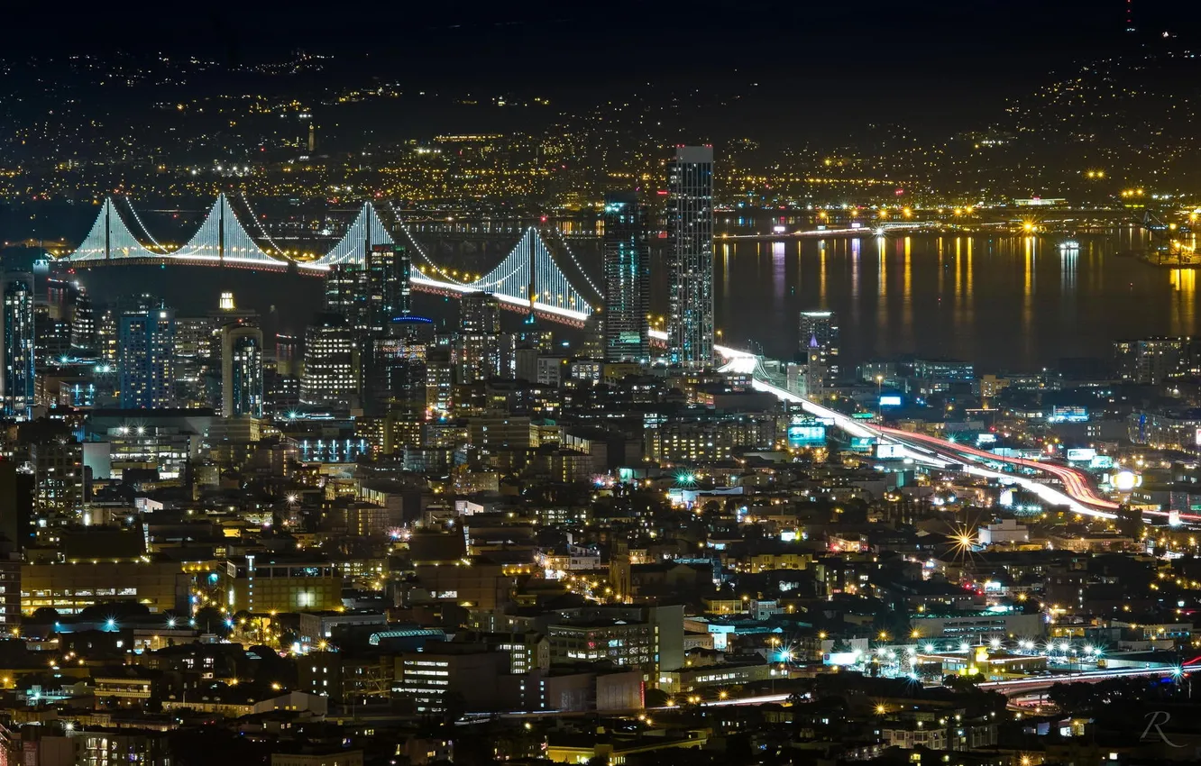 Photo wallpaper night, bridge, the city, lights, river