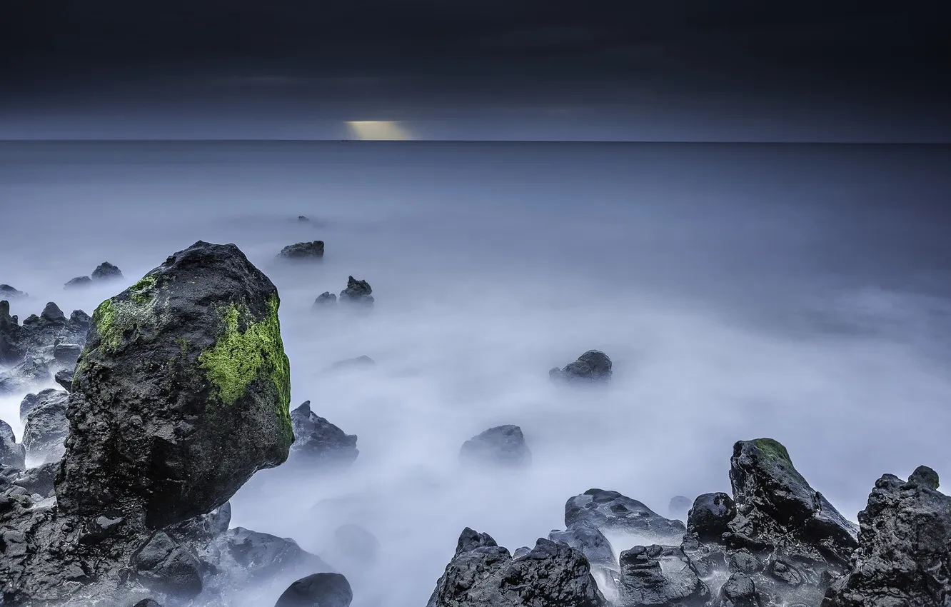 Photo wallpaper sea, landscape, night, rocks