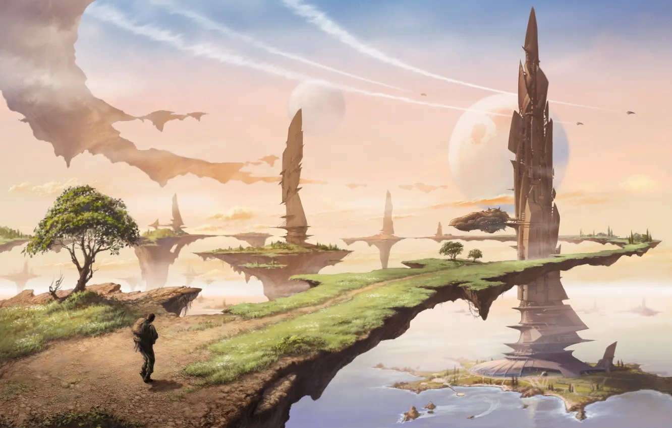 Photo wallpaper sea, greens, the sky, people, island, planet, tower, traveler