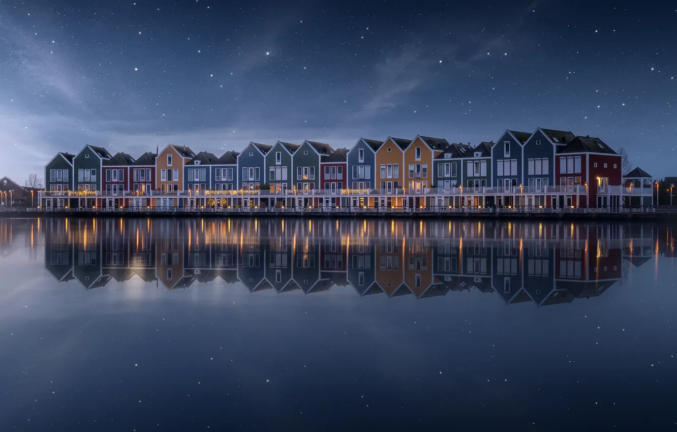 Photo wallpaper world, colorful, rainbow, house, scenic, reflection, Netherlands, wooden house
