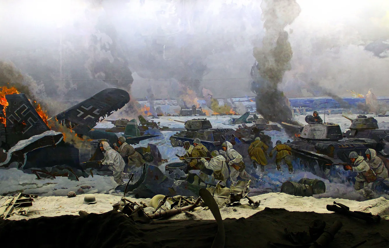 Photo wallpaper winter, war, attack, soldiers, tank, The second World war, T-34-76, Russian