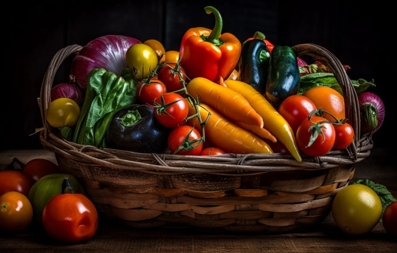 Photo wallpaper greens, table, food, harvest, bow, eggplant, pepper, black background