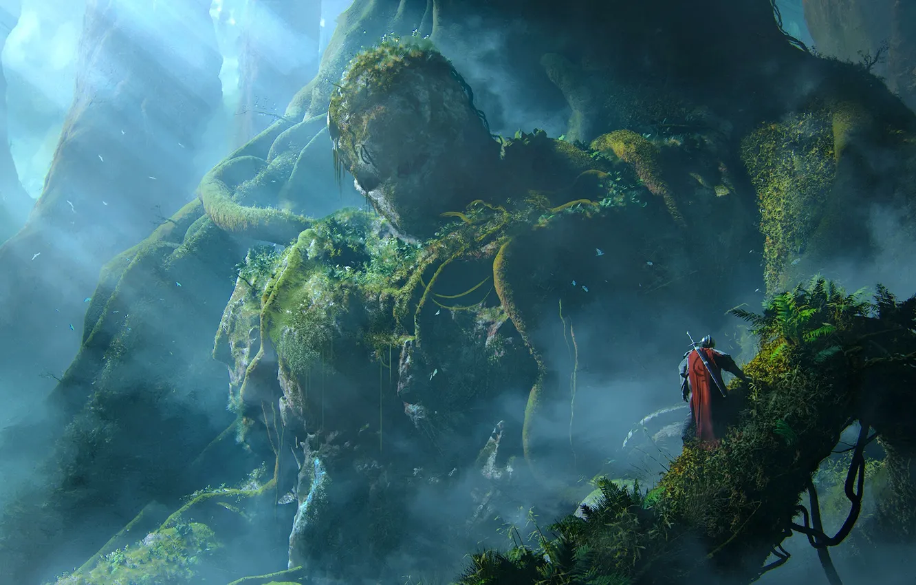 Photo wallpaper sword, fantasy, armor, trees, fog, digital art, artwork, giant