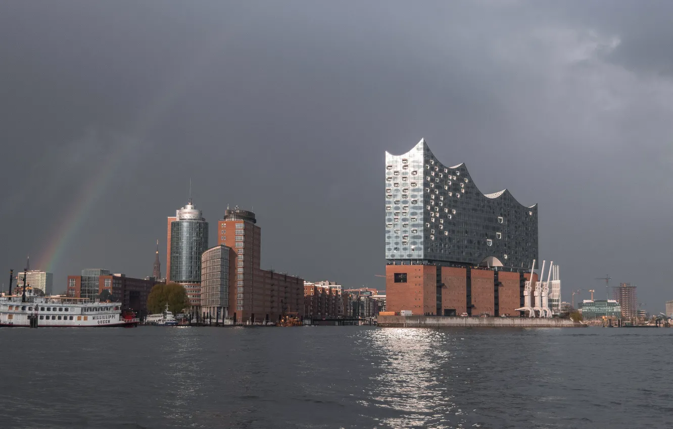 Photo wallpaper ship, home, rainbow, Germany, Hamburg, harbour, The Elbe Philharmonic hall
