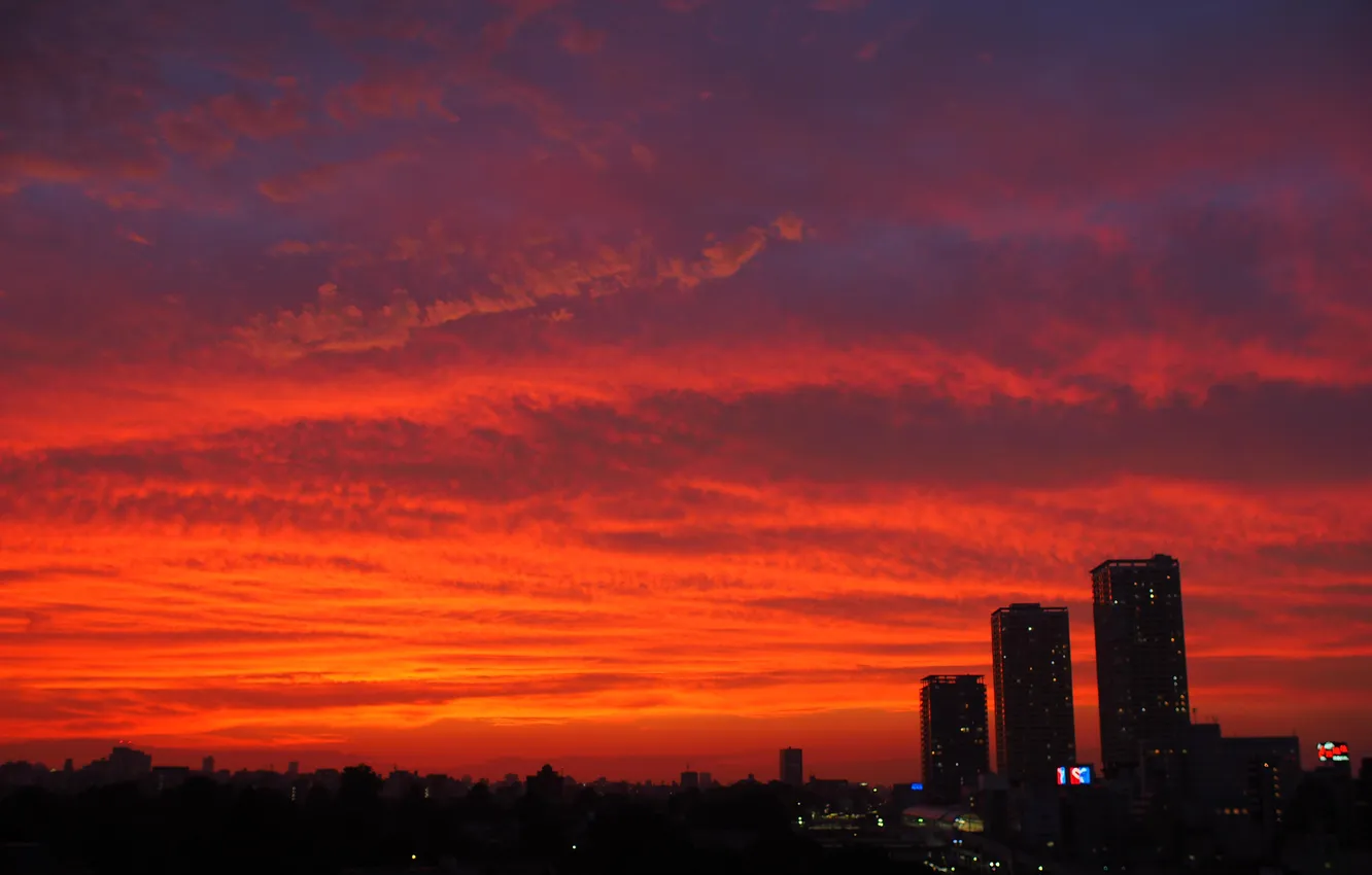 Photo wallpaper the sky, the sun, clouds, sunset, city, the city, building, the evening