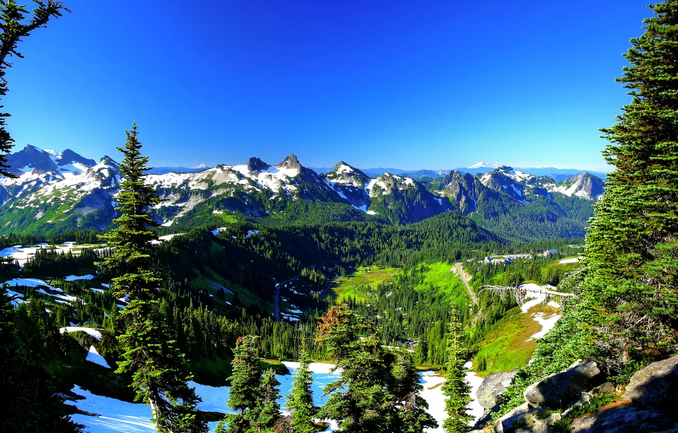 Photo wallpaper the sky, snow, trees, mountains, tops, spruce, spring, slope