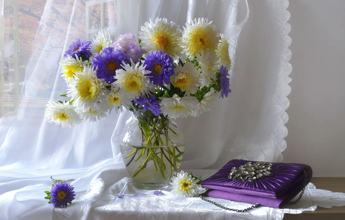 Photo wallpaper flowers, table, bouquet, curtains, handbag, still life, asters