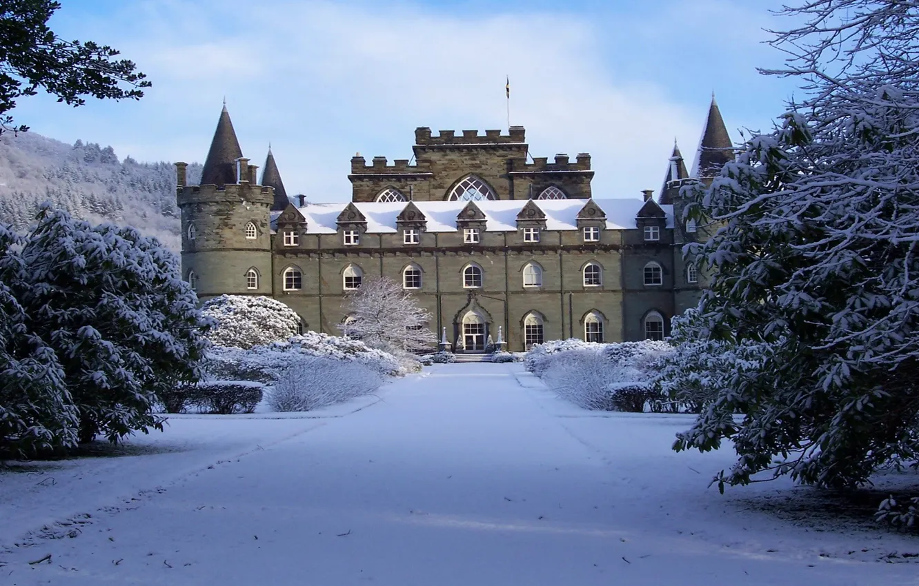 Photo wallpaper winter, the sky, clouds, snow, trees, Park, castle, tower