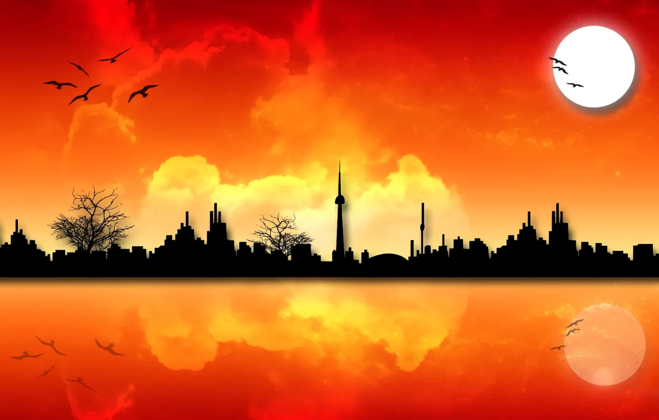 Photo wallpaper the sky, the sun, sunset, the city, bird, silhouette