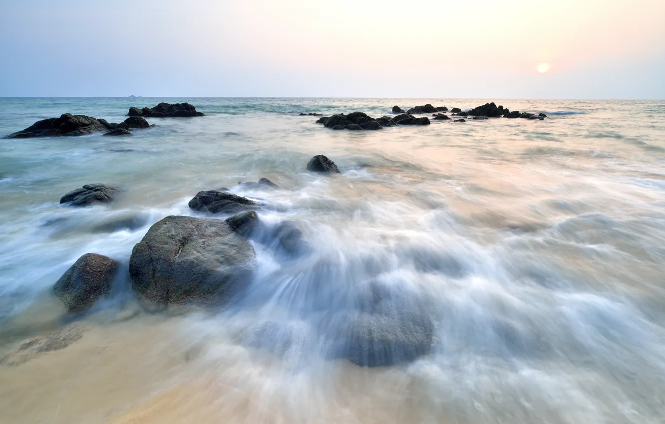 Photo wallpaper sand, sea, wave, beach, summer, the sky, sunset, stones