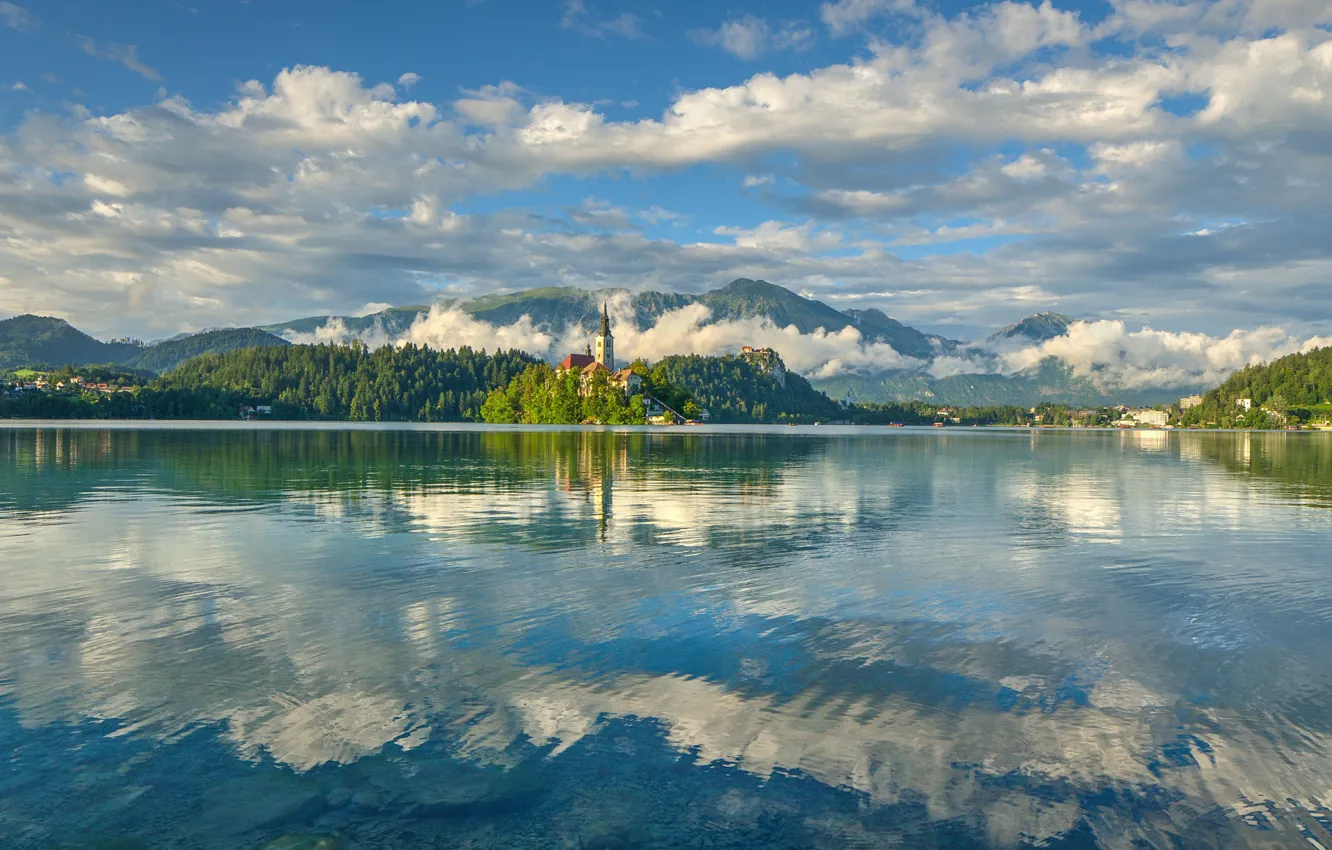 Photo wallpaper the sky, clouds, mountains, reflection, mirror, Slovenia, Lake Bled, Church Of The Assumption