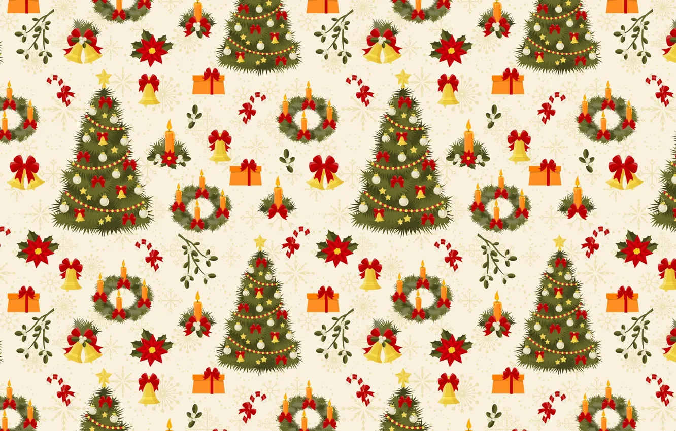 Photo wallpaper snowflakes, figure, new year, candles, gifts, tree, bows, texture