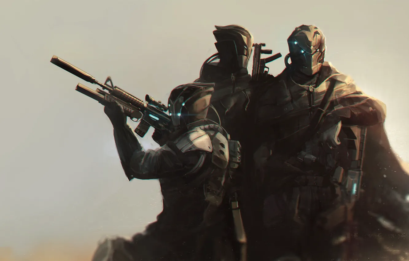 Photo wallpaper weapons, desert, machine, helmet, cloak, trio, mercenaries