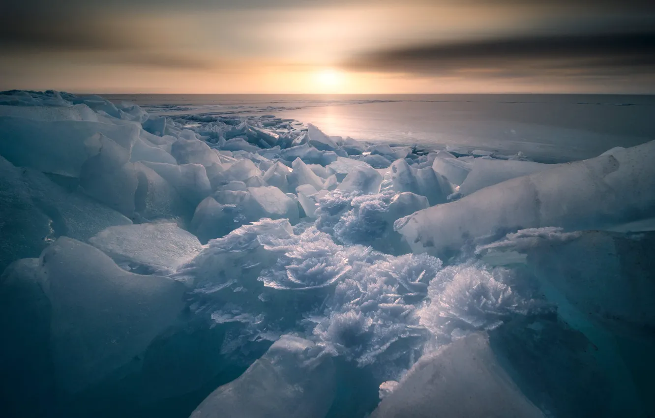 Photo wallpaper ice, winter, the sky, the sun, clouds, snow, sunset, shore