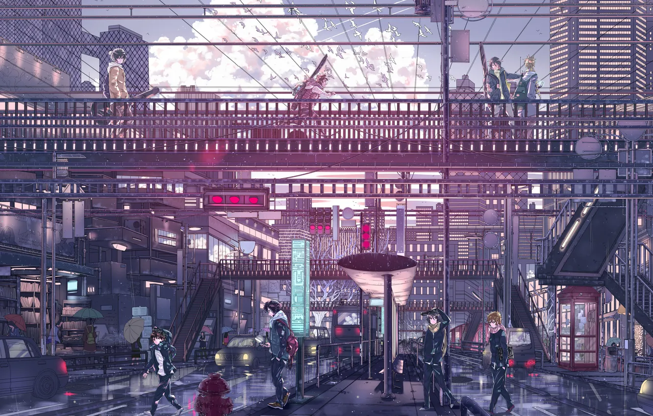 Photo wallpaper the sky, clouds, sunset, bridge, the city, bird, guitar, home