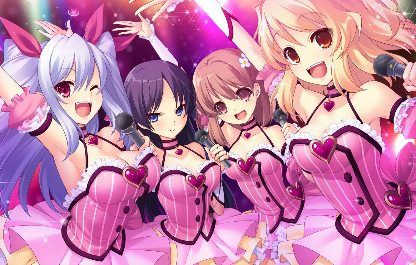 Photo wallpaper hearts, microphone, art, fun, wink, Quartet, ruffles, visual novel