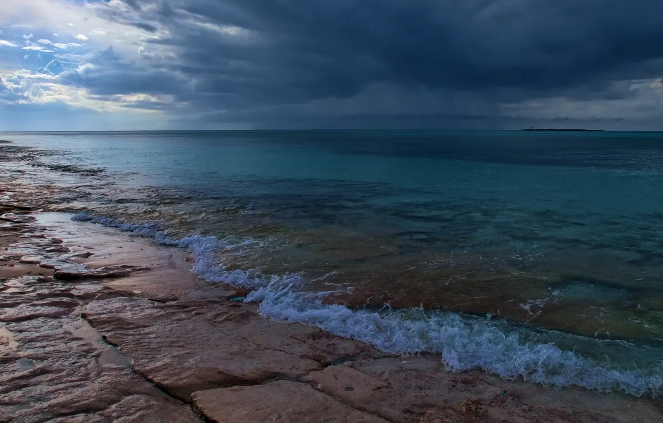 Photo wallpaper the storm, the sky, water, clouds, light, stones, shore