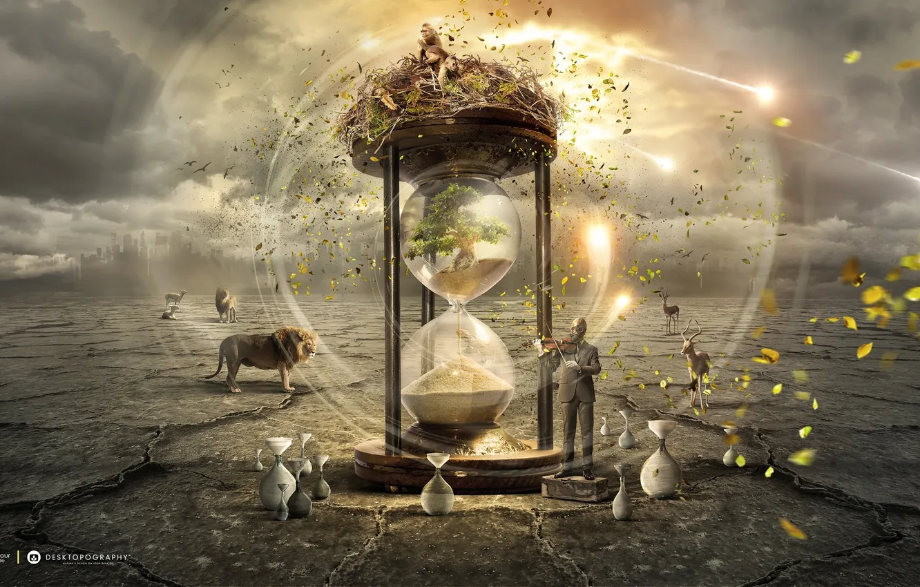 Photo wallpaper leaves, time, creative, the wind, desert, violin, people, Leo