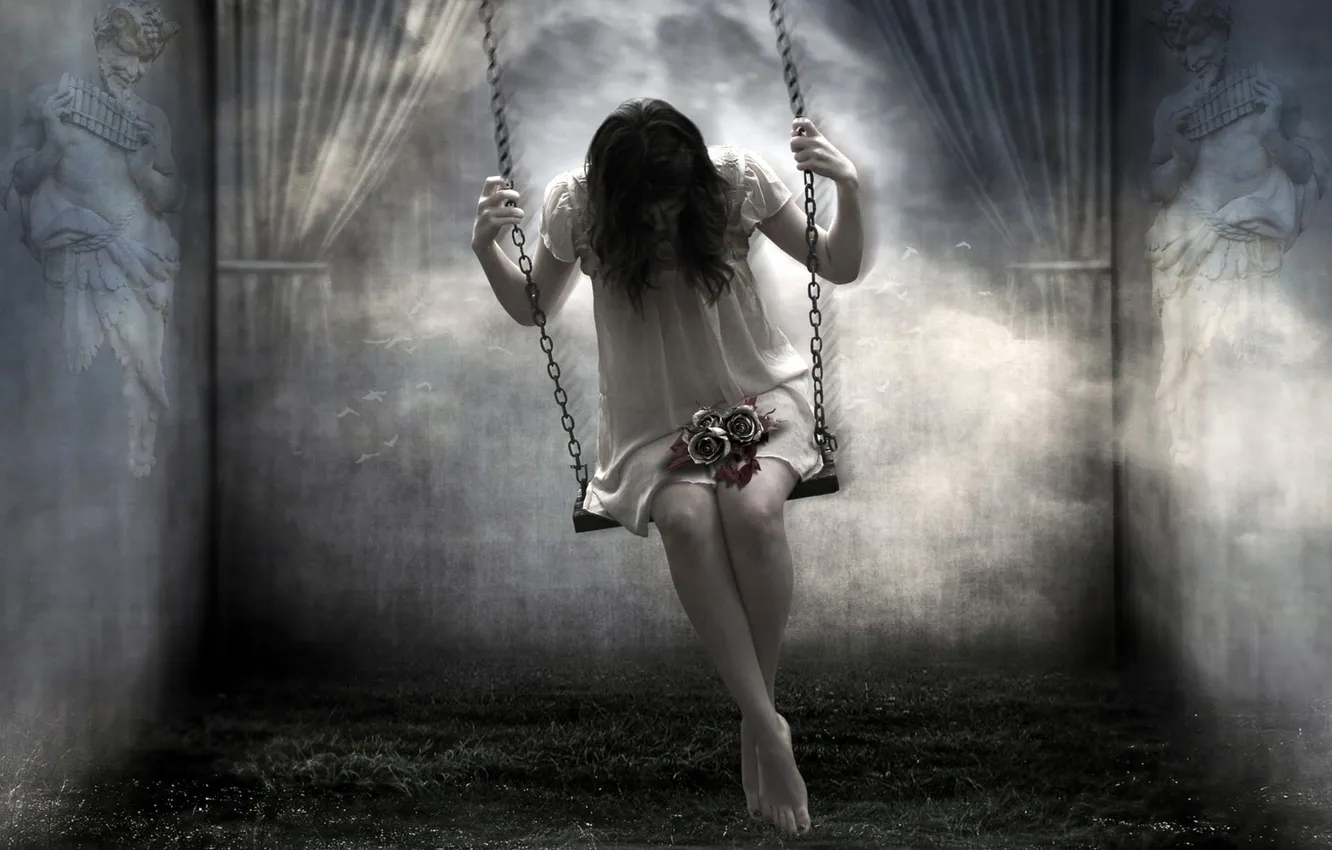 Photo wallpaper girl, flowers, swing, roses, dress, chain, sundress