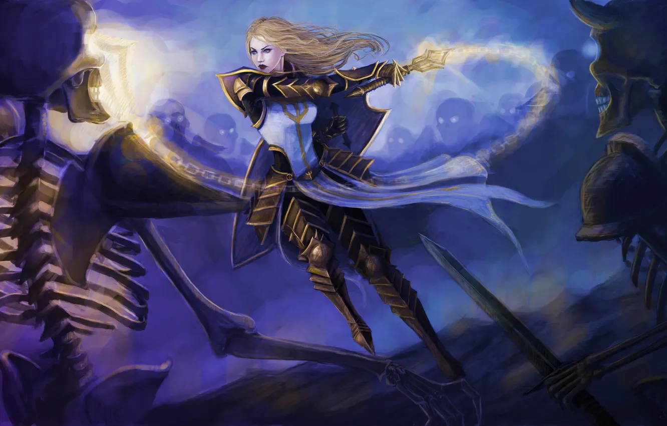 Photo wallpaper weapons, art, skeleton, battle, shield, undead, Diablo III, Reaper of Souls
