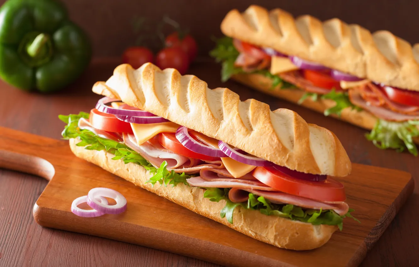 Photo wallpaper cheese, hamburger, sausage, roll, salad, sandwiches