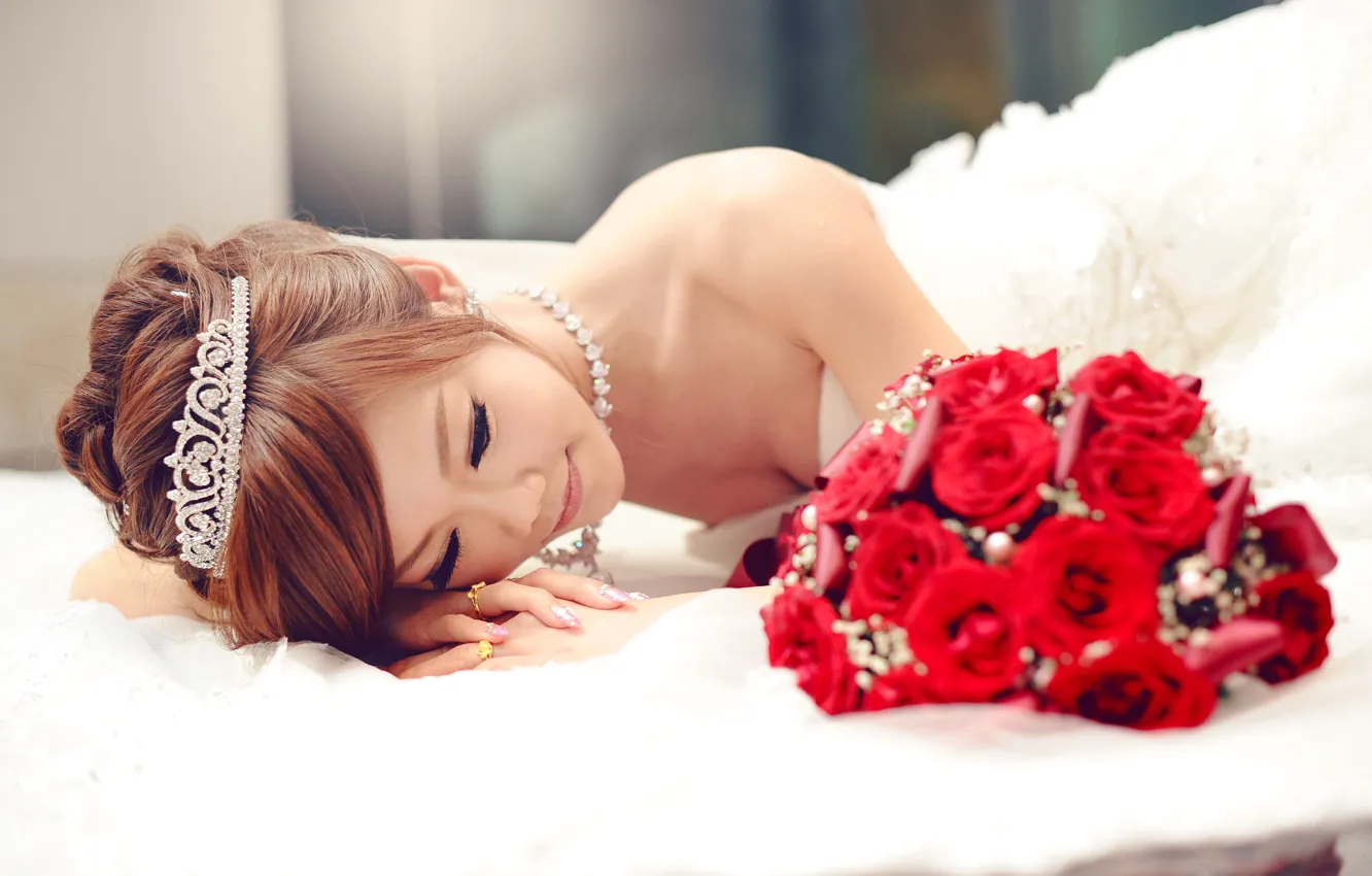 Photo wallpaper girl, bouquet, Asian, the bride, wedding, tiara