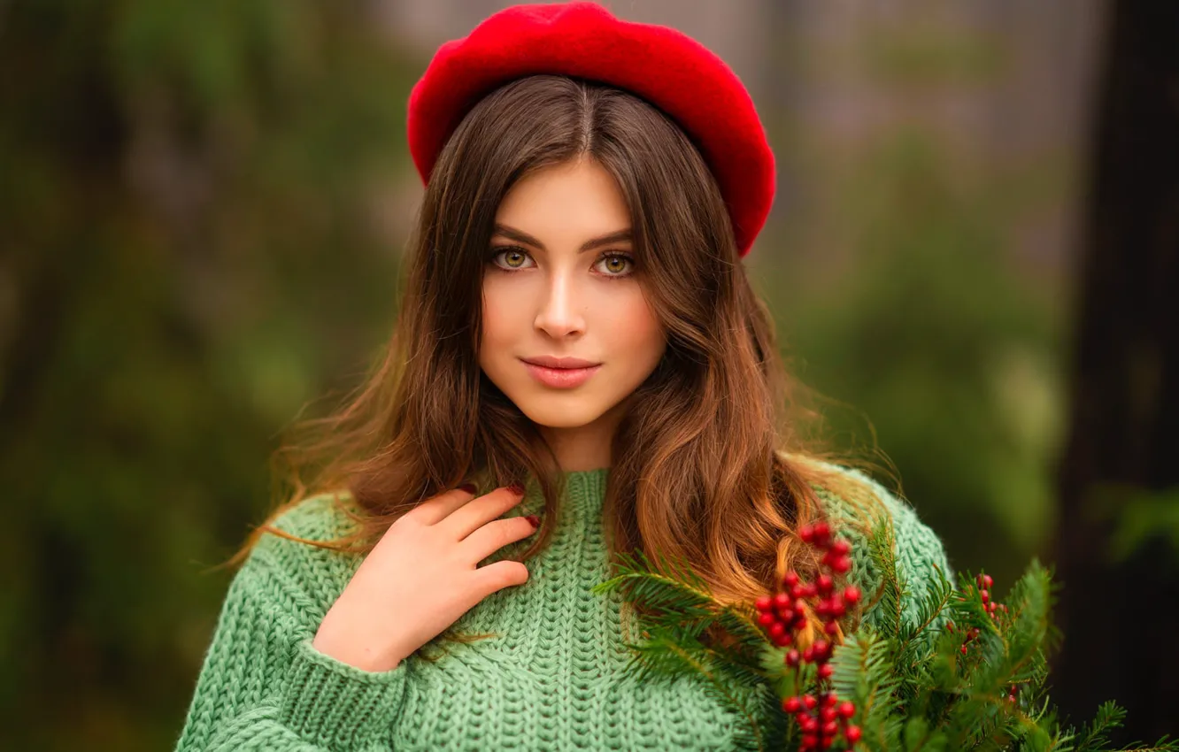 Photo wallpaper look, girl, nature, berries, takes, sweater, Olga Boyko