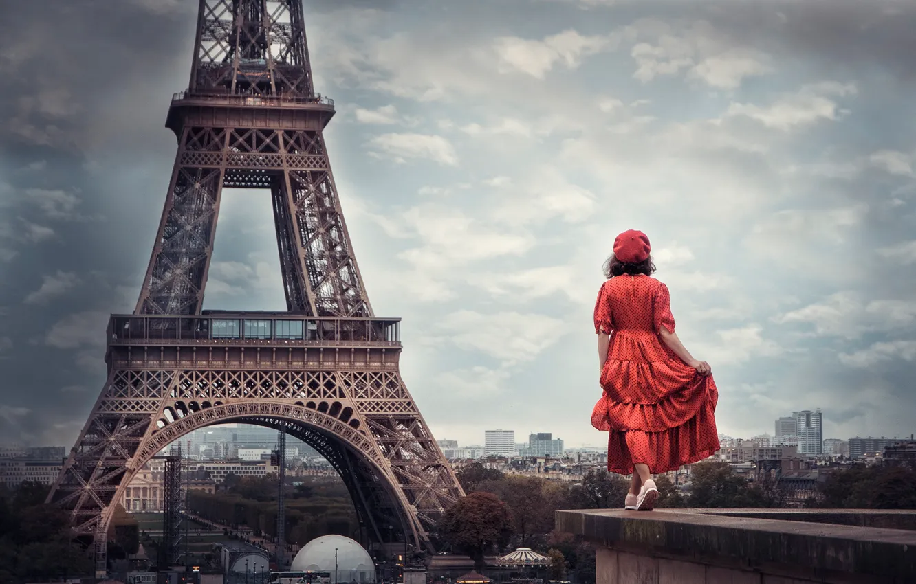 Photo wallpaper girl, mood, France, Paris, the situation, dress, panorama, Eiffel tower