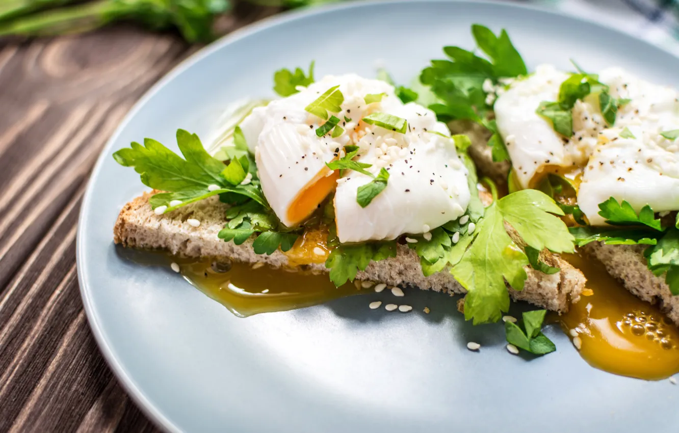 Photo wallpaper food, eggs, Breakfast, bread, parsley, sandwiches