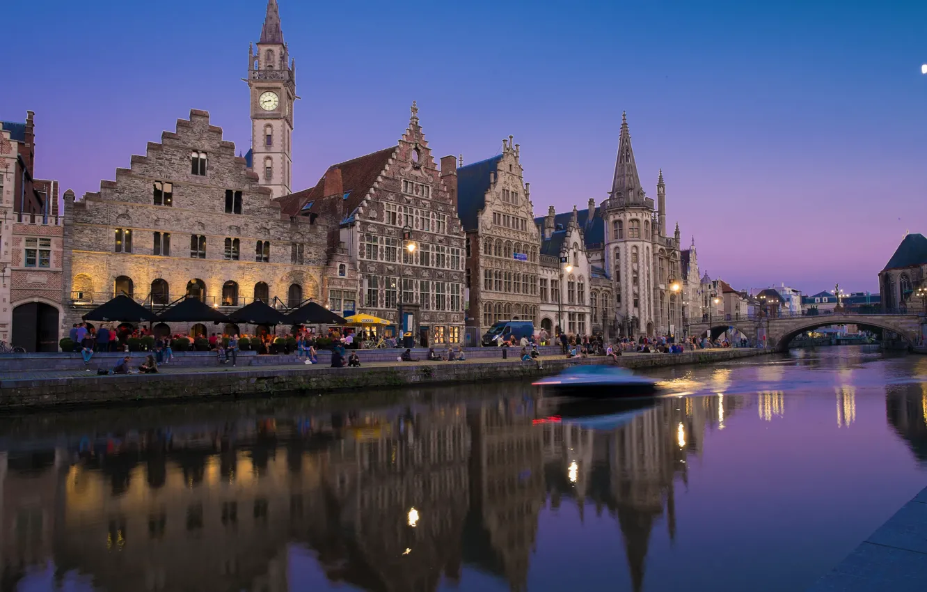 Photo wallpaper night, river, home, boat, Belgium, Ghent