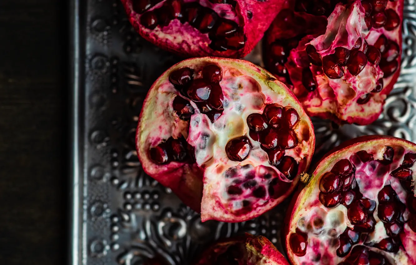 Photo wallpaper table, food, fruit, cut, tray, garnet, in half, pomegranate grains