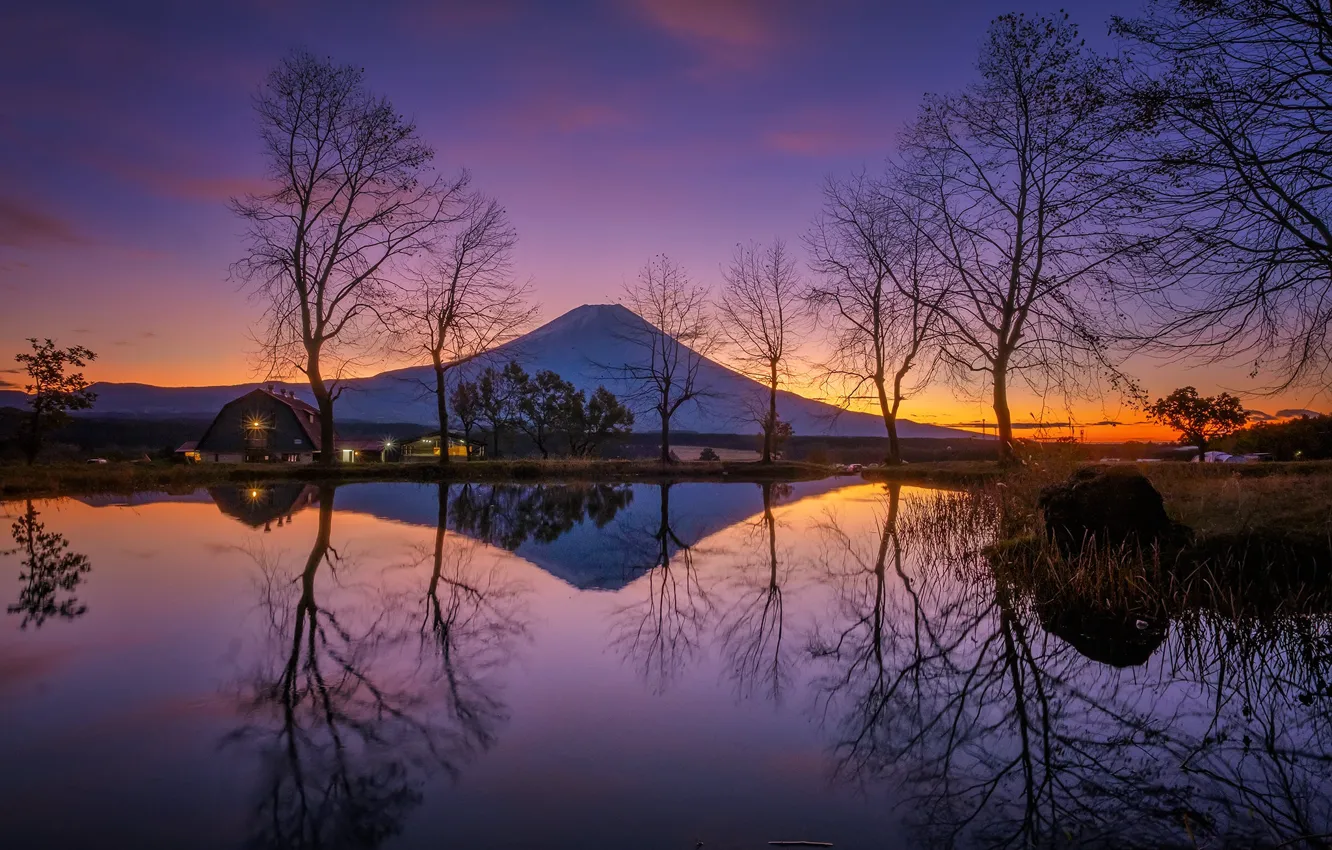 Photo wallpaper night, lights, lake, house, Japan, glow, mount Fuji